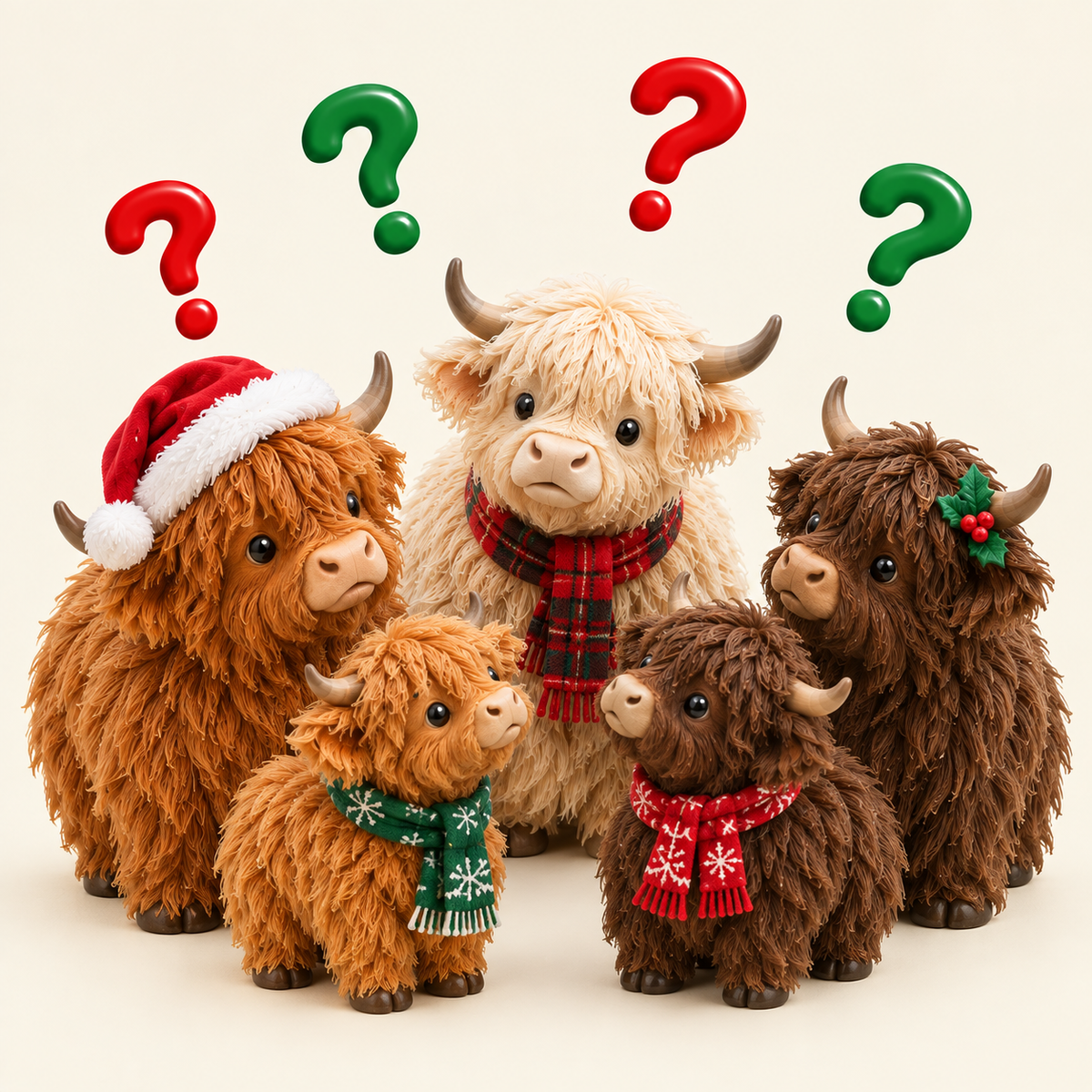 Highland cows with question marks