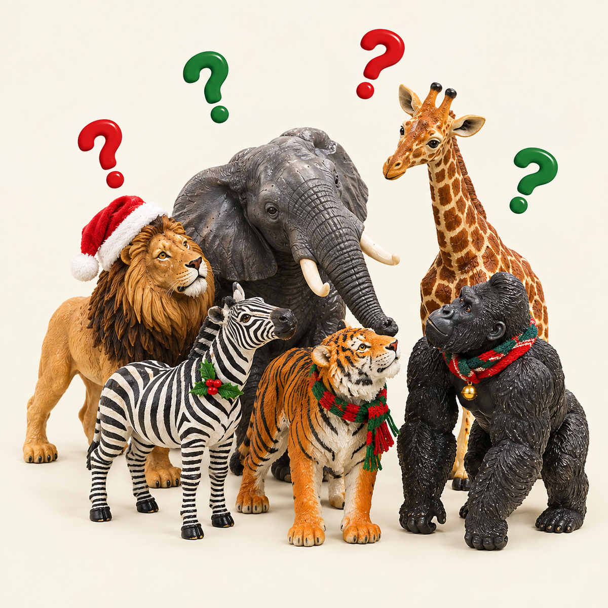 Toy animal figures with question marks